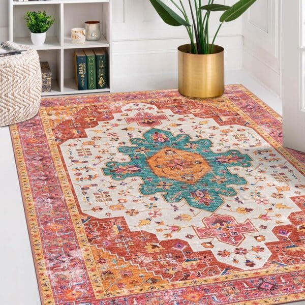 Moynesa Ultra-Thin Washable Vintage Area Rug - 5x7 Large Bedroom Boho Non-Slip Non-Shedding Living Room Mat Oriental Medallion Floor Carpet for Kids Nursery Room Office, Pink/Teal/Multi
