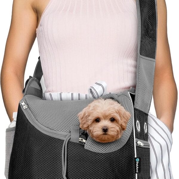 PetAmi Small Dog Sling Carrier, Soft-Sided Crossbody Puppy Carrying Purse Bag, Adjustable Sling Pet Pouch to Wear Medium Dog Cat Travel, Dog Bag for Traveling, Poop Bag Dispenser, Max 10 lbs, Black