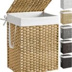 SONGMICS Laundry Hamper with Lid, 23.8 Gallon (90 L) Synthetic Rattan Clothes Laundry Basket with Lid and Handles, Foldable, Removable Liner, Goose Yellow ULCB51NL