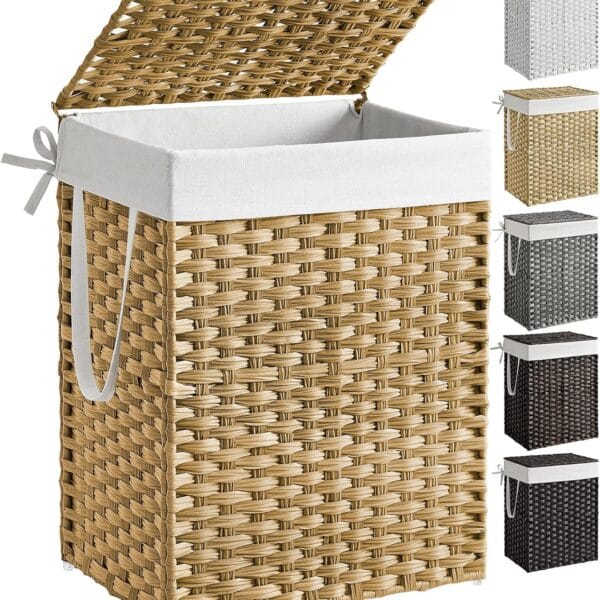 SONGMICS Laundry Hamper with Lid, 23.8 Gallon (90 L) Synthetic Rattan Clothes Laundry Basket with Lid and Handles, Foldable, Removable Liner, Goose Yellow ULCB51NL