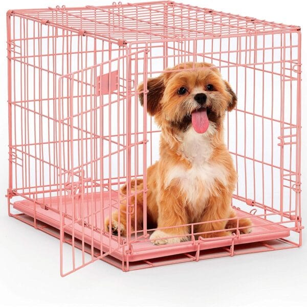 MidWest Homes for Pets 24-Inch Pink Fashion iCrate Single Door Folding Dog Crate, Enhanced Security, Includes Leak-Proof Pan, Divider Panel, Handle, Rubber Feet