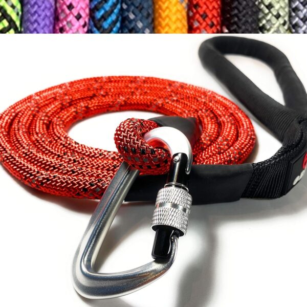 Locking Carabiner Dog Leash  Heavy Duty Rope Leash for Large & Medium Dogs | Reflective with Strong Clip & Padded Handle for Walking, Hiking, Running, Training - 6 Ft (Red)