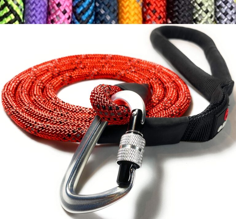 Locking Carabiner Dog Leash  Heavy Duty Rope Leash for Large & Medium Dogs | Reflective with Strong Clip & Padded Handle for Walking, Hiking, Running, Training - 6 Ft (Red)
