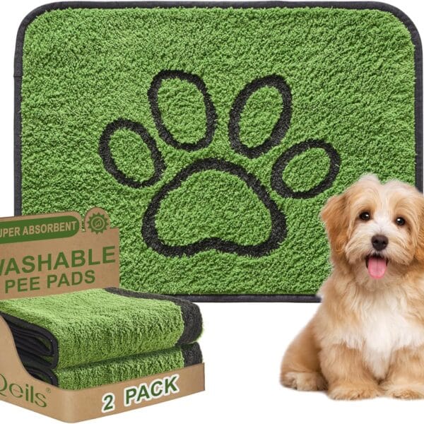 Qeils Reusable Dog Pee Pads, 2 Pack Super Absorbent & Leakproof Washable Puppy Pads with Soft Green Top Layer, for Potty Training, Crates, Couch, Car Seats & Pet Beds, 18"x24"