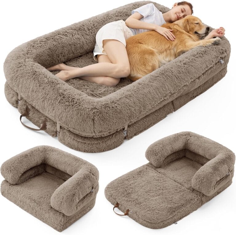 LE SURE Foldable Human Dog Bed - 3 in 1 Flexible Giant Human Dog Bed for Adult People with Supportive Bolster Egg Foam, Waterproof Liner, Calming Fluffy Faux Fur Orthopedic Big Bean Bed, Camel