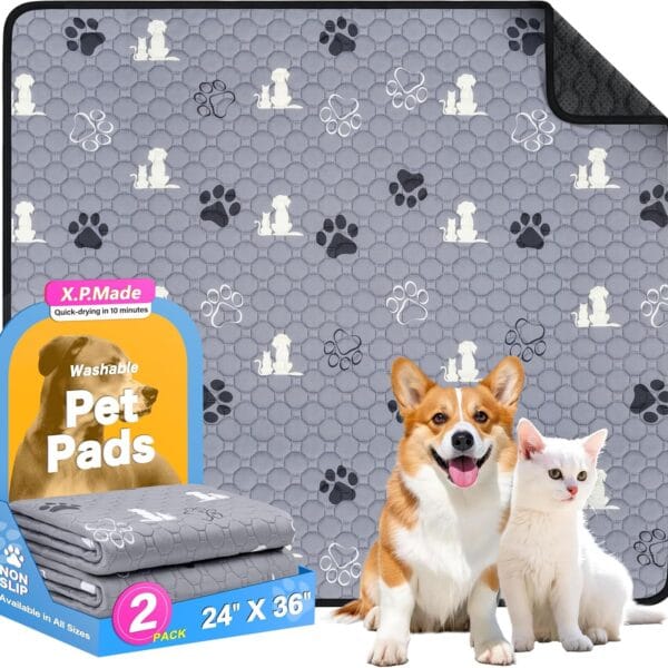 Washable Pee Pads for Dogs, 2 Pack Reusable Puppy Pads, Waterproof Pet Pee Pads for Dog Potty Training, Extra Large Dog Pee Pads for Crate, Playpen, and Whelping, Durable and Absorbent, Grey 24"x36"