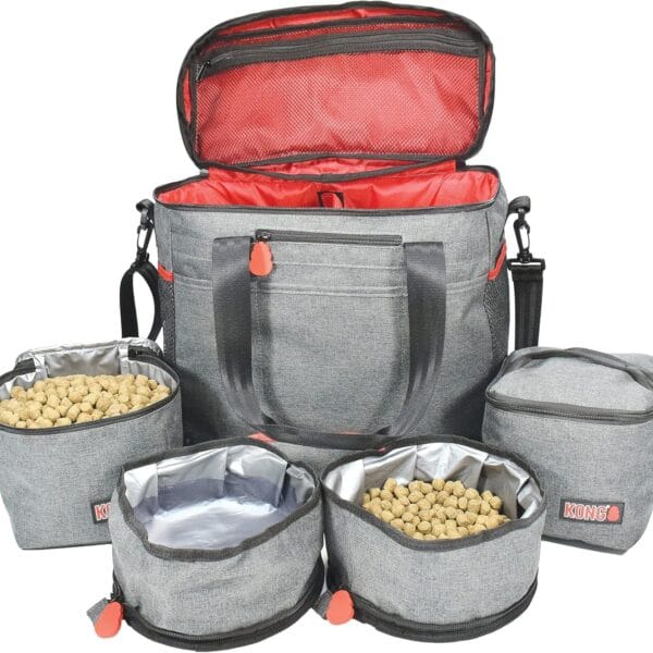 KONG Pet Travel Bag (5-Piece) & Washable Tote Organizer - Food Storage Containers & Collapsible Bowls, Multi-Functional Pockets - Great Weekend Pet Travel Set for Dog