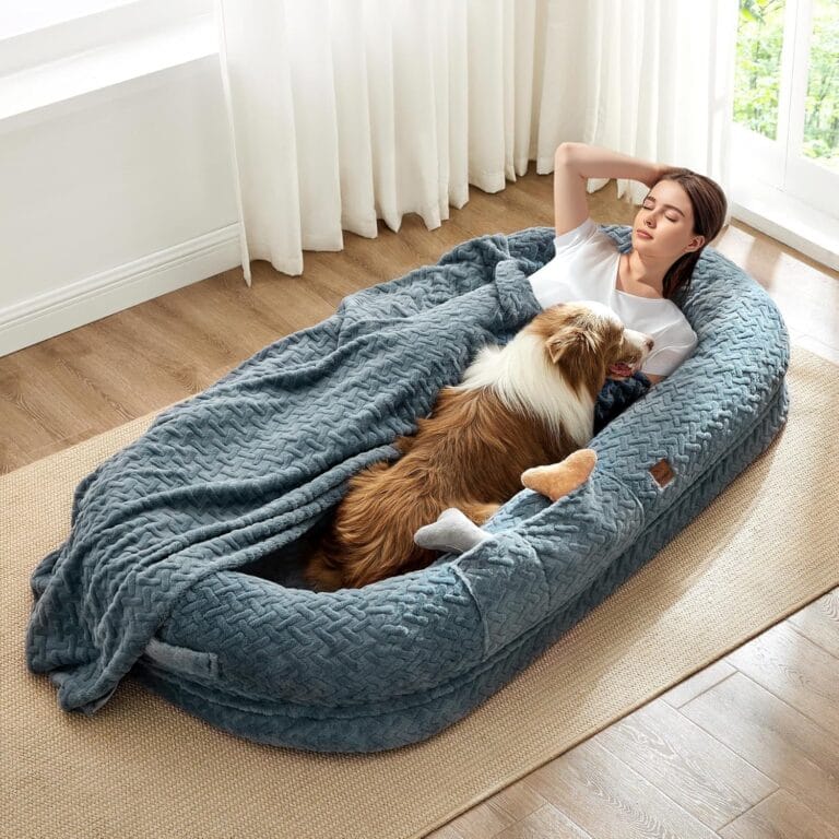 Human Dog Bed for Adult - Luxury Faux Fur Giant Size Dog Bed with Portable Handle, Egg Orthopedic Foam Bed with Blanket, 72"x40"x10", Grayish Blue