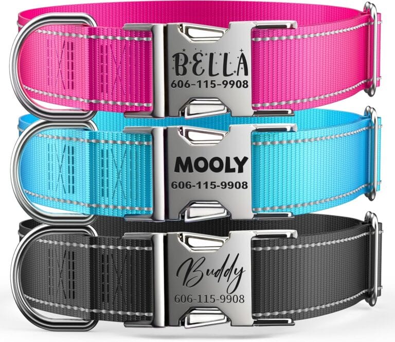 Personalized Reflective Dog Collar with Name and Phone Number, Engraved Pet ID Tag, Adjustable Nylon Collar with Quick Release Metal Buckle
