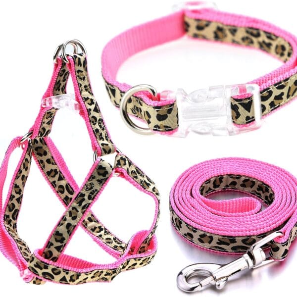Mile High Life Leopard Dog Harness Collar Leash Set, Adjustable No Pull Dog Halter Harness for Small Breed Dogs, Easy Control for Training Walking (Pink, M Chest 15"-21", Neck 13"-17")
