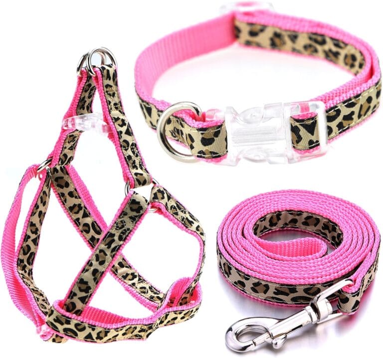 Mile High Life Leopard Dog Harness Collar Leash Set, Adjustable No Pull Dog Halter Harness for Small Breed Dogs, Easy Control for Training Walking (Pink, M Chest 15"-21", Neck 13"-17")