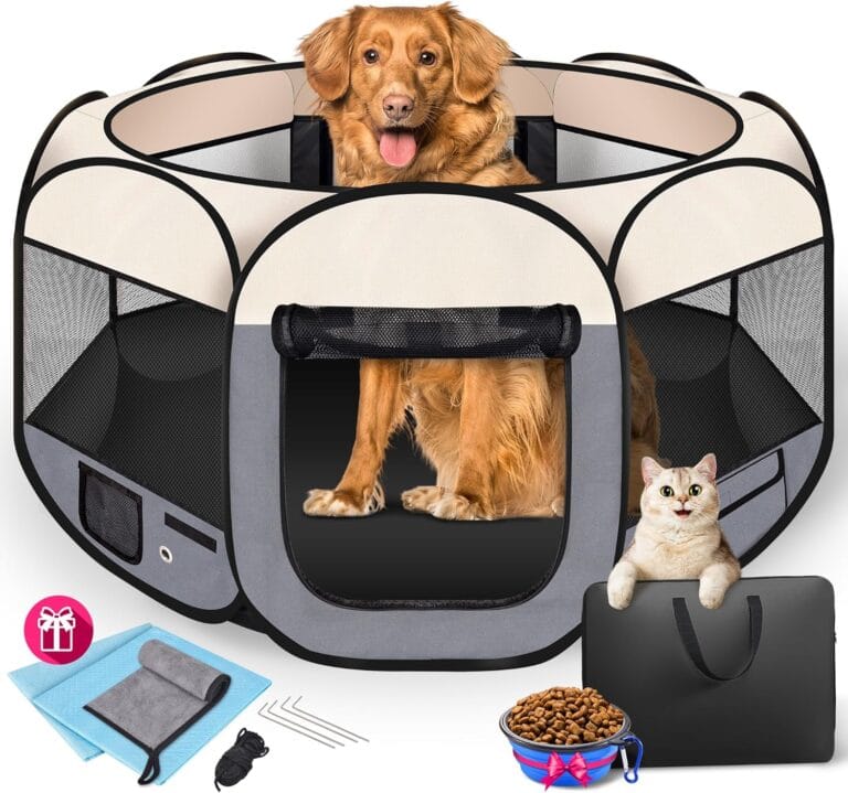 Dog Playpen 45", HOMAGICO Pet Playpen for Indoor Cats Enclosed, Portable Dog Cage Outdoor Tent Crate with Carrying Case, Water-Resistant and Removable Shade Cover, Grey