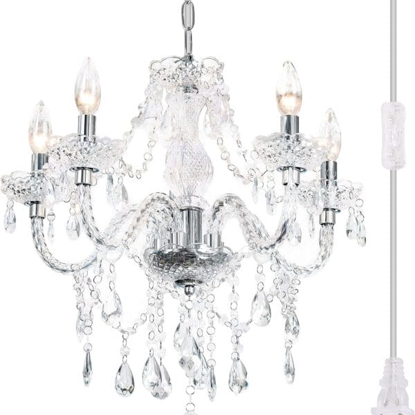 Plug-in 5 Light Crystal Hanging Pendant Lights Acrylic Chandelier with Clear Cord & On/Off Switch H19 D19.7 for Kitchen Island Girls' Room Dining Area Laundry Pavilion.