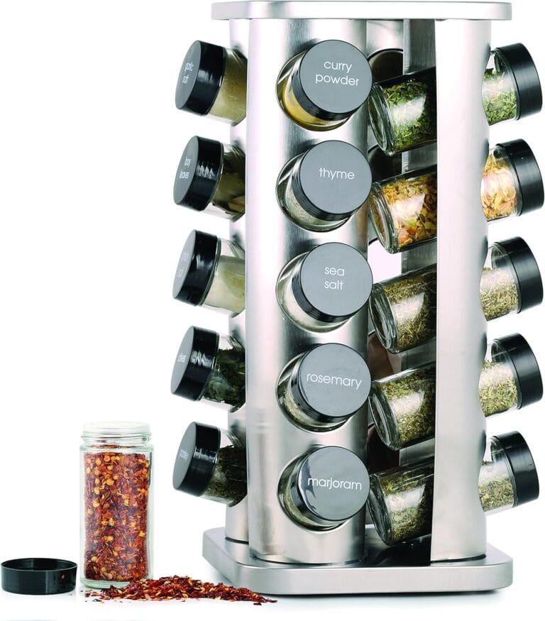 Orii 20 Jar Spice Rack with Spices Included - Revolving Tower Organizer for Kitchen Spices and Seasonings, (Stainless Steel)