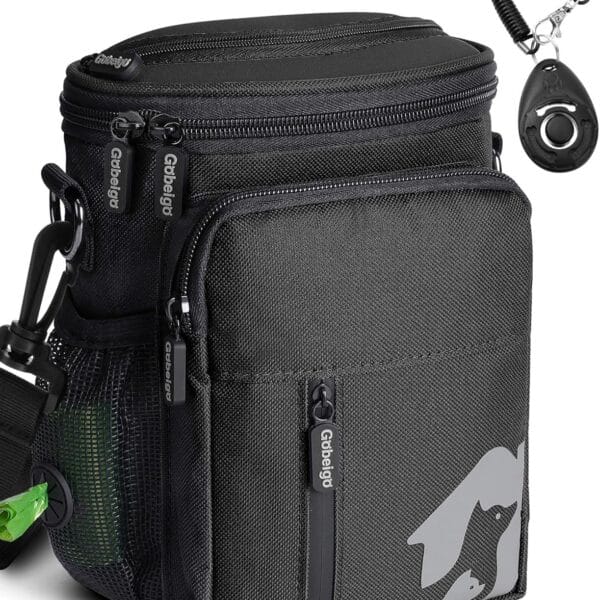 Gobeigo 8 Cup Dog Treat Pouch and Training Clicker, Dog Walking Bag with Phone Holder, Built-in Poop Bag Dispenser, 3 Ways Wearable Pet Fanny Pack for Outdoor Travel (Full Black)