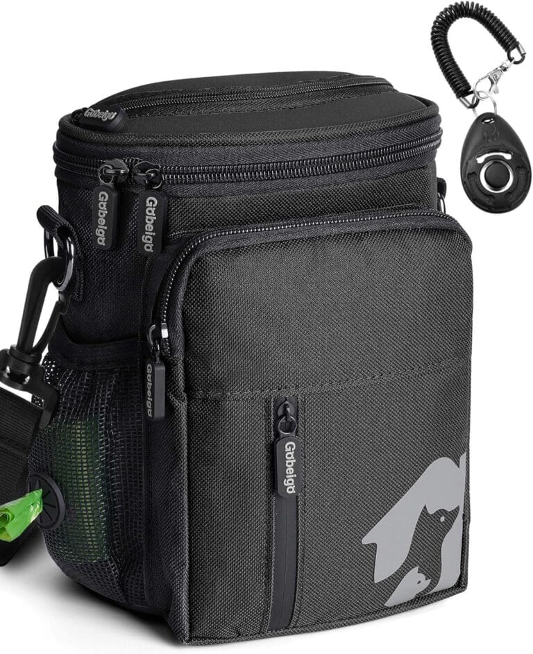 Gobeigo 8 Cup Dog Treat Pouch and Training Clicker, Dog Walking Bag with Phone Holder, Built-in Poop Bag Dispenser, 3 Ways Wearable Pet Fanny Pack for Outdoor Travel (Full Black)