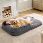 Bedsure Foldable Human Dog Bed - 2 in 1 Flexible Giant Human Dog Bed for Adult People with Supportive Bolster Egg Foam, Waterproof Liner, Calming Fluffy Faux Fur Orthopedic Big Bean Bed, Dark Grey