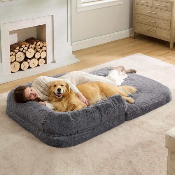 Bedsure Foldable Human Dog Bed - 2 in 1 Flexible Giant Human Dog Bed for Adult People with Supportive Bolster Egg Foam, Waterproof Liner, Calming Fluffy Faux Fur Orthopedic Big Bean Bed, Dark Grey