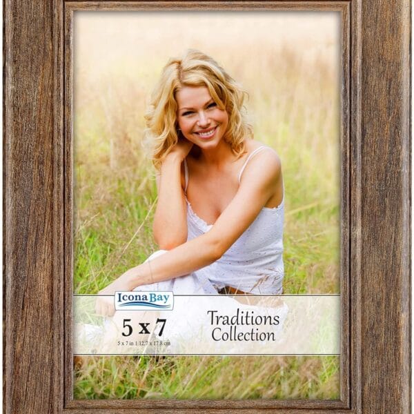 Icona Bay - 5x7 Chestnut Brown Picture Frame - Rustic Wood Pattern - Lightly Distressed Frame for Table Top Display or Wall Mount - Traditions Collection