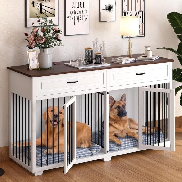 Lovinouse Large Dog Crate Furniture, 72.4" Wooden Dog Crate Kennel with 2 Drawers and Divider, XXL Heavy Duty Dog Crates Cage Furniture for Large Dog or 2 Medium Dogs Indoor, White