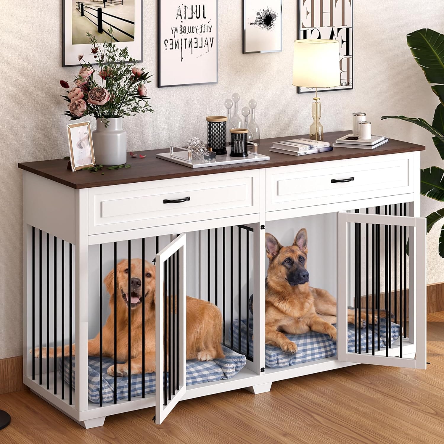 Lovinouse Large Dog Crate Furniture, 72.4" Wooden Dog Crate Kennel with 2 Drawers and Divider, XXL Heavy Duty Dog Crates Cage Furniture for Large Dog or 2 Medium Dogs Indoor, White Lovinouse Large Dog Crate Furniture, 72.4" Wooden Dog Crate Kennel with 2 Drawers and Divider, XXL Heavy Duty Dog Crates Cage Furniture for Large Dog or 2 Medium Dogs Indoor, White