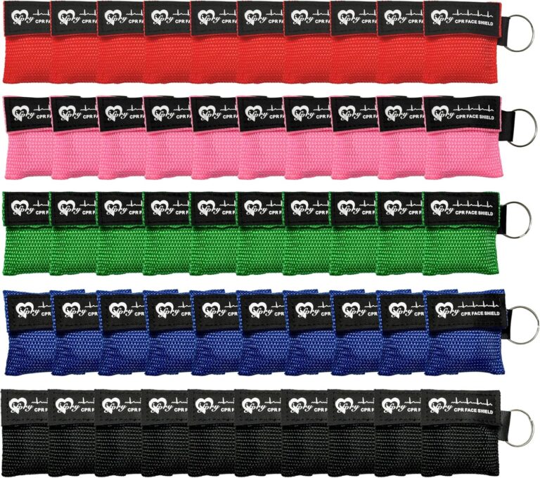 50 Packs CPR Face Shield with Keyring, CPR Pocket Mask Keychain for Emergency Kit with One Way Valve Breathing Barrier for First Aid or ADE Training