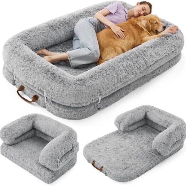 LE SURE Foldable Human Dog Bed - 3 in 1 Flexible Giant Human Dog Bed for Adult People with Supportive Bolster Egg Foam, Waterproof Liner, Calming Fluffy Faux Fur Orthopedic Big Bean Bed, Soft Grey