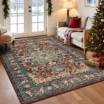 U'Artlines Christmas Boho Vintage Area Rug 5x7 Machine Washable Low Pile Ultra-Thin Soft Floor Carpet Non Slip Non Shedding Accent Rug for Living Room Bedroom Entryway Dining Room Office(RustTeal)