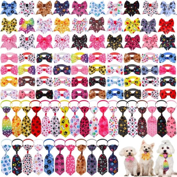 Reginary 100 Pieces Dog Bow Tie Collar Set Include 40 Dog Neckties, and 30 Puppy Bowties, 30 Collar Flowers, Adjustable Pet Ties Grooming for Small Medium Cats Pets Supply(Paw Bone)