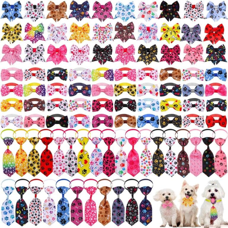 Reginary 100 Pieces Dog Bow Tie Collar Set Include 40 Dog Neckties, and 30 Puppy Bowties, 30 Collar Flowers, Adjustable Pet Ties Grooming for Small Medium Cats Pets Supply(Paw Bone)