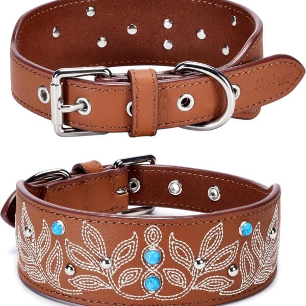 Blueberry Pet Genuine Leather Dog Collar - Western-Inspired Brown Leather Dog Collar for Large Dogs with Floral Embroidery & Turquoise Studs, 18-22 Inch Adjustable & Durable for City Pet Owners