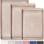 HONGBAKE Baking Sheet Pan Set of 3, Cookie Sheets for Oven, Nonstick Half/Quarter/Jelly Roll Pans with Diamond Texture Pattern, 0.8mm Thick Heavy Duty Cookie Tray, Champagne Gold