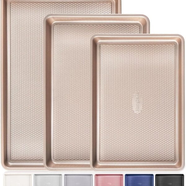 HONGBAKE Baking Sheet Pan Set of 3, Cookie Sheets for Oven, Nonstick Half/Quarter/Jelly Roll Pans with Diamond Texture Pattern, 0.8mm Thick Heavy Duty Cookie Tray, Champagne Gold