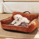 FUKUMARU Dog Couch Bed, Fluffy Corduroy Cat Beds for Indoor Cats with Washable Cover, Waterproof Small Dog Sofa Beds with Portable Handle and Anti-Slip Bottom, Pet Beds & Furniture 28inch, Orange