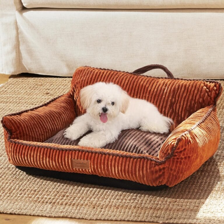 FUKUMARU Dog Couch Bed, Fluffy Corduroy Cat Beds for Indoor Cats with Washable Cover, Waterproof Small Dog Sofa Beds with Portable Handle and Anti-Slip Bottom, Pet Beds & Furniture 28inch, Orange
