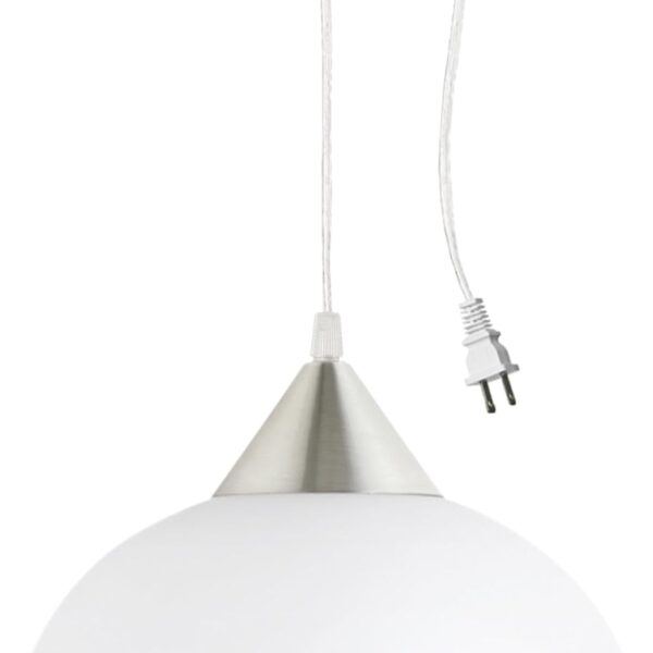GLOBE Electric 64413 1-Light Plug-in Pendant, Brushed Steel, Frosted White Shade, 15ft Clear Cord, in-Line On/Off Switch, E26 Base Socket, Kitchen Island, Caf, Hanging Light, Bulb Not Included