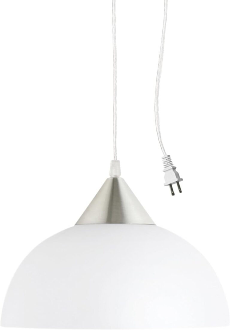 GLOBE Electric 64413 1-Light Plug-in Pendant, Brushed Steel, Frosted White Shade, 15ft Clear Cord, in-Line On/Off Switch, E26 Base Socket, Kitchen Island, Caf, Hanging Light, Bulb Not Included