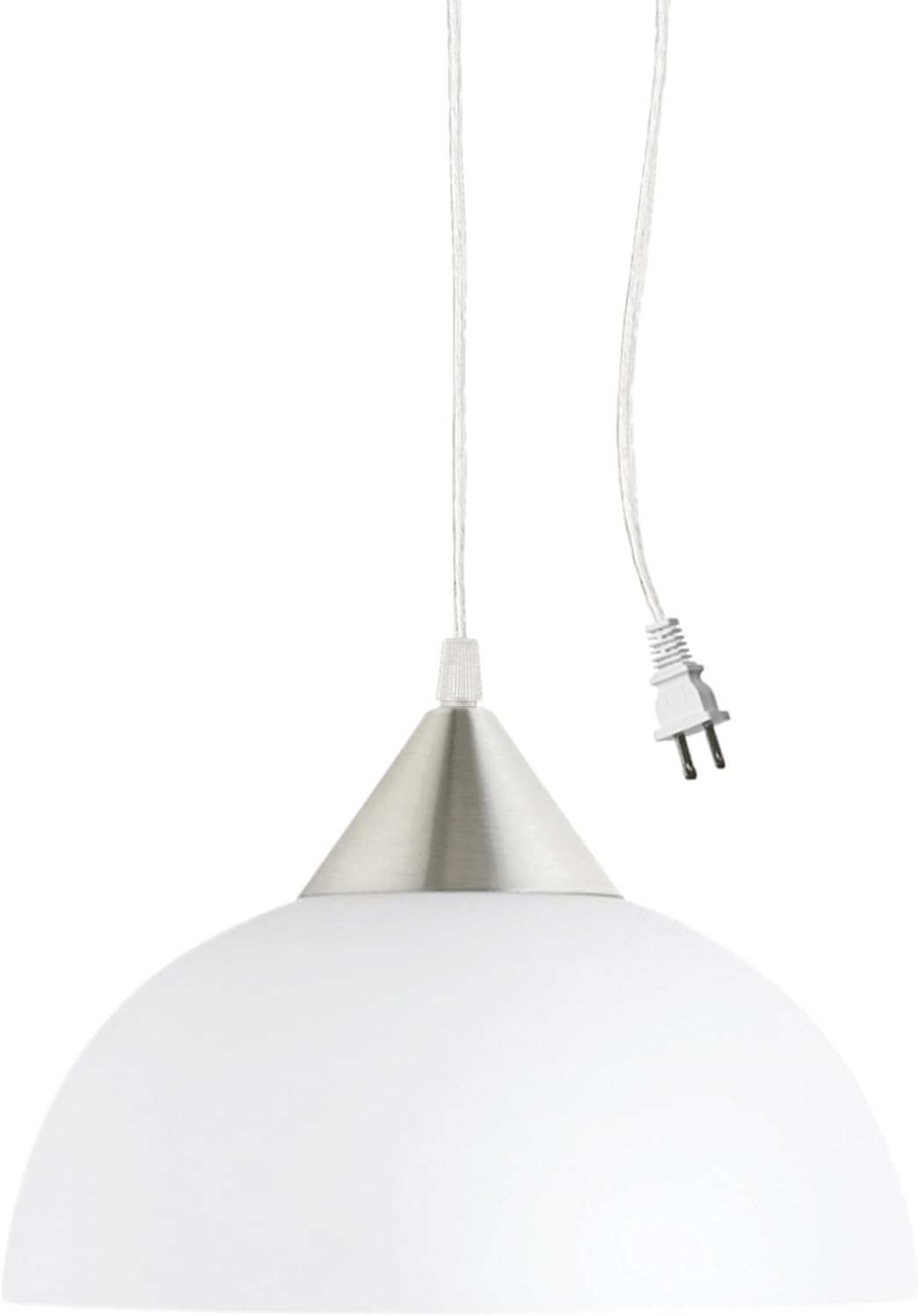 GLOBE Electric 64413 1-Light Plug-in Pendant, Brushed Steel, Frosted White Shade, 15ft Clear Cord, in-Line On/Off Switch, E26 Base Socket, Kitchen Island, Caf, Hanging Light, Bulb Not Included GLOBE Electric 64413 1-Light Plug-in Pendant, Brushed Steel, Frosted White Shade, 15ft Clear Cord, in-Line On/Off Switch, E26 Base Socket, Kitchen Island, Caf, Hanging Light, Bulb Not Included