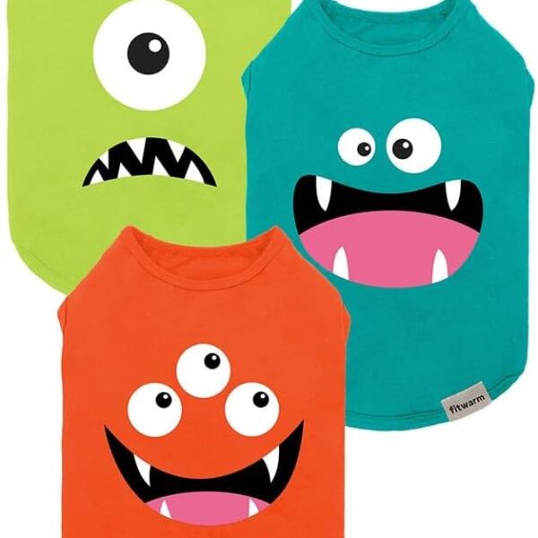Fitwarm 3 Pack Monster Dog Shirt, Lightweight Funny Dog Tshirt, Summer Clothes for Small Dogs Boy Girl, Pet Outfit, Orange, Green, Teal, Medium