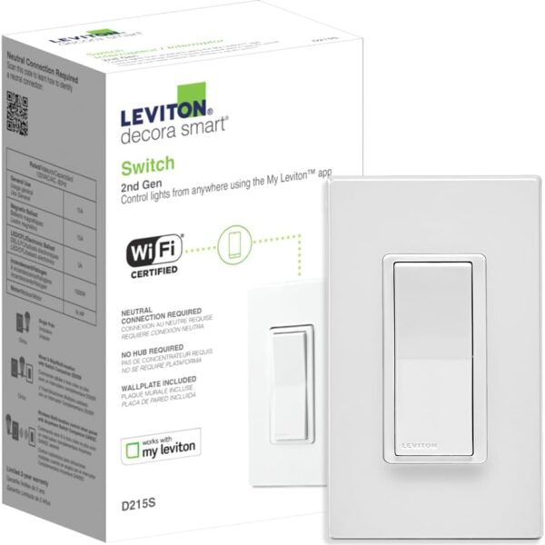 Leviton Decora Smart Switch, Wi-Fi 2nd Gen, Neutral Wire Required, Works with Matter, My Leviton, Alexa, Google Assistant, Apple Home/Siri & Wired or Wire-Free 3-Way, D215S-2RW, White