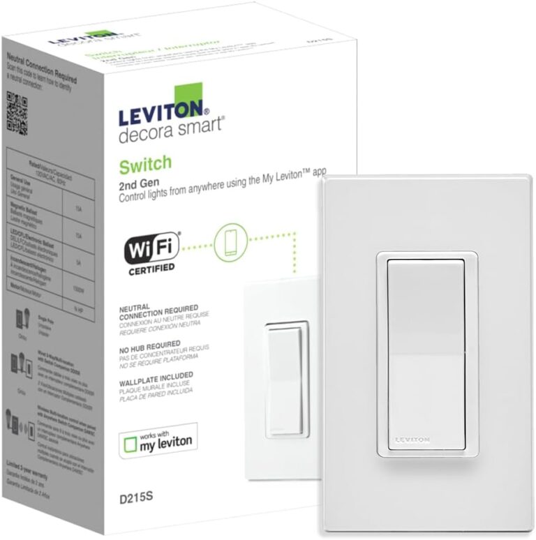 Leviton Decora Smart Switch, Wi-Fi 2nd Gen, Neutral Wire Required, Works with Matter, My Leviton, Alexa, Google Assistant, Apple Home/Siri & Wired or Wire-Free 3-Way, D215S-2RW, White