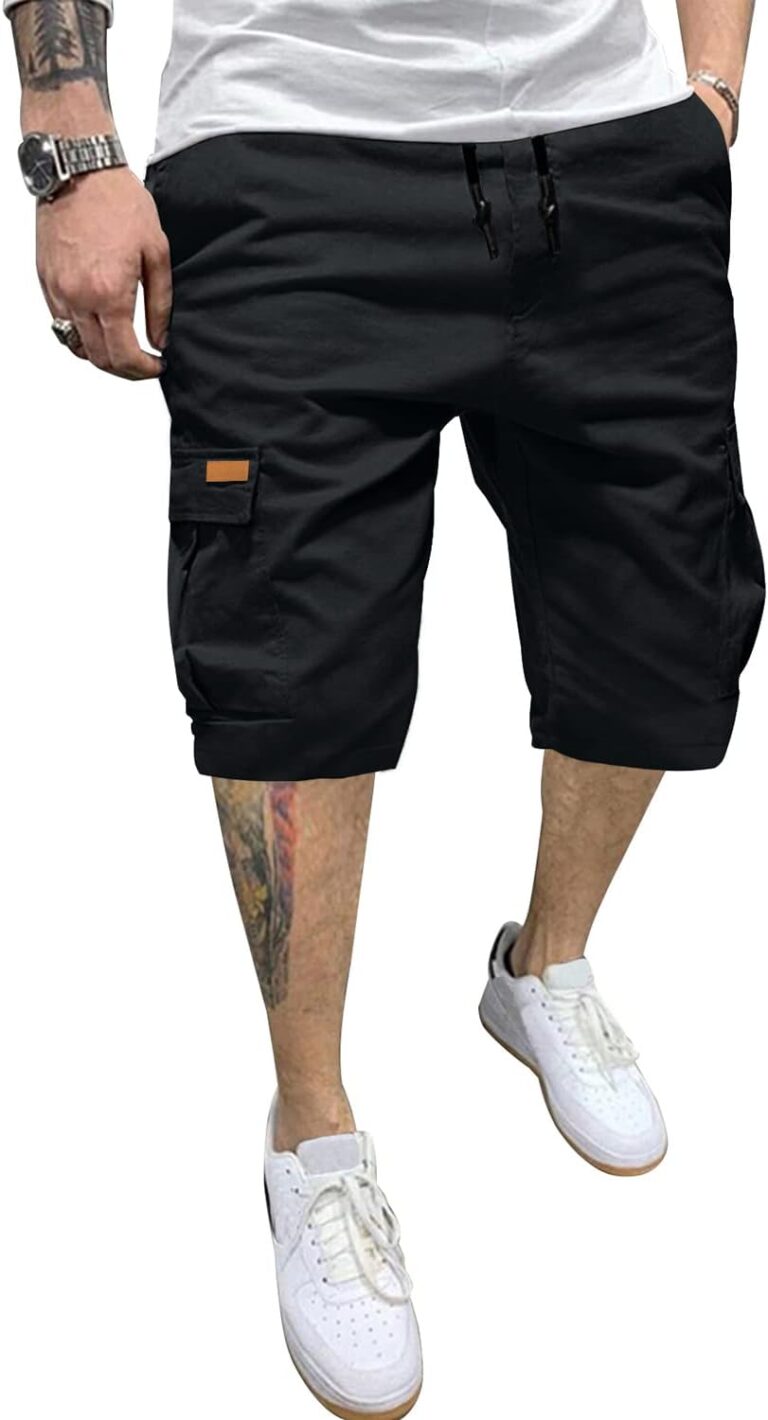 JMIERR Mens Casual Cotton Twill Cargo Shorts Drawstring Classic Chino Stretch Short with 6 Pockets