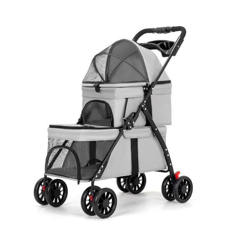 YYW Double Pet Stroller for Small Cats and Dogs, Foldable Kittens Puppies Travel Strolling Cart with 2 Carriages, Cup Holder & Lockable Wheels, Ideal for Multi-Pet Families(Gray)