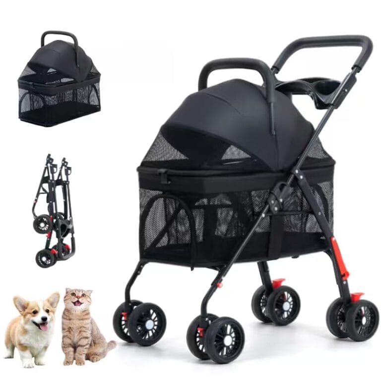 3-in-1 Pet Stroller with Detachable Carrier, Cup Holder & Adjustable Canopy - for Small/Medium Dogs & Cats, Lightweight Travel Stroller (Black-W02T)