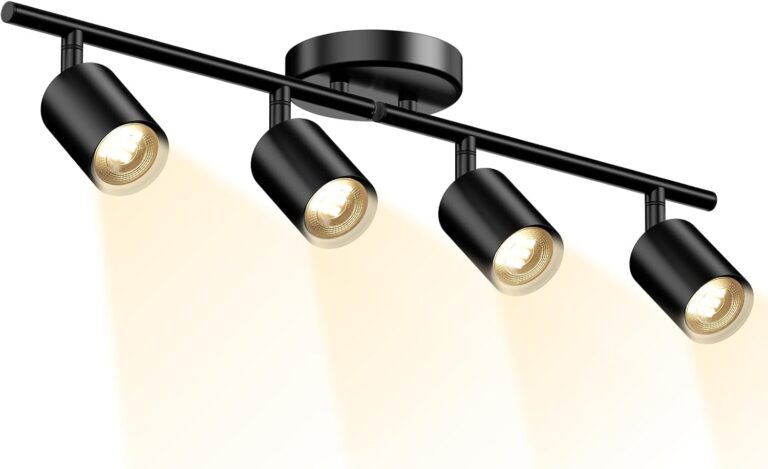 LED 4 Light Track Lighting Kit, Black Ceiling Spotlights, Modern Track Light Fixture with Flexibly Rotatable Light Heads for Kitchen, Living Room, Bedroom, Includes 4 x GU10 Bulb