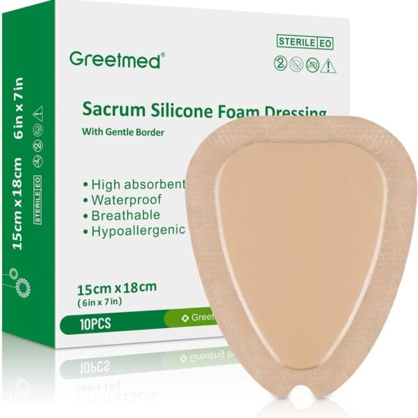 Sacrum Foam Dressing with Border Silicone Adhesive 6"x7" Waterproof Sacral Wound Dressing, High Absorbent Pads Breathable Bed Sore Pressure Wound Care Bandages 10 Packs