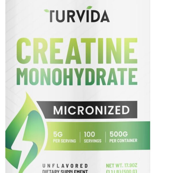 Turvida Creatine Monohydrate, Micronized Creatine Powder for Men and Women, Pre Workout Supplement, Pure Monohydrate Creatine for Strength, Workout Support, Micronized for Better Absorption (500g)