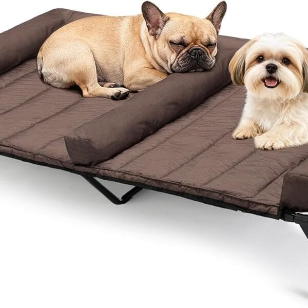 Veehoo Cooling Raised Dog Beds + Waterproof Double Dog Bed Cushion for Two Medium Dogs, Elevated Pet Cot with Removable Bolster Mat, Breathable Mesh, No-Slip Feet, Pets Couch Bed, 49x 33inches, Brown