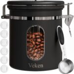 Veken Coffee Canister with Window, Airtight Stainless Steel Kitchen Food Storage Container with Lids, Date Tracker and Scoop for Grounds Coffee, Beans, Tea, Flour, Cereal, Sugar Jars, 16OZ, Black