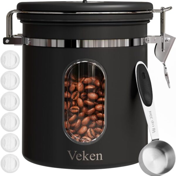 Veken Coffee Canister with Window, Airtight Stainless Steel Kitchen Food Storage Container with Lids, Date Tracker and Scoop for Grounds Coffee, Beans, Tea, Flour, Cereal, Sugar Jars, 16OZ, Black